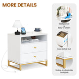 White Nightstands Set of 2 with Charging Station, Modern Bedside Table Set