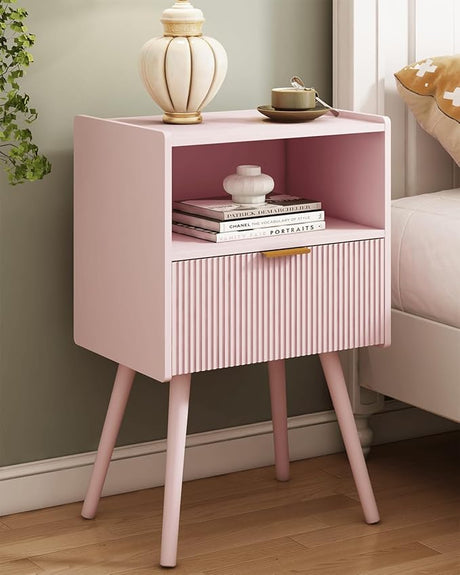 Nightstand,Modern Bedside Table with Storage Drawer and Open Wood Shelf