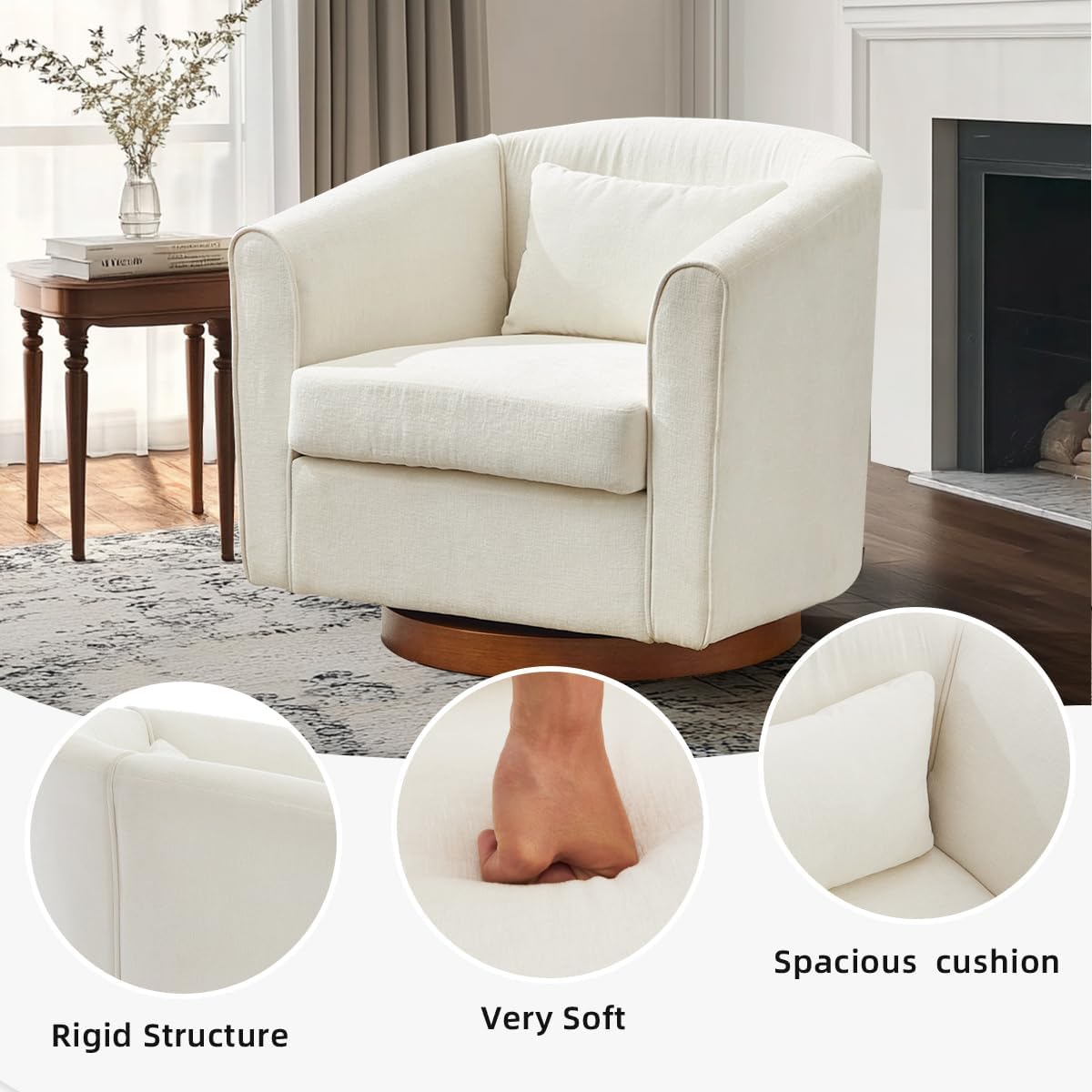 HANLIVES Swivel Accent Chair,Chenille Single Barrel Chairs with Wood Base Side,Comfy Swivel Accent Chair with Wide Upholstered for Living Room Bedroom(White)