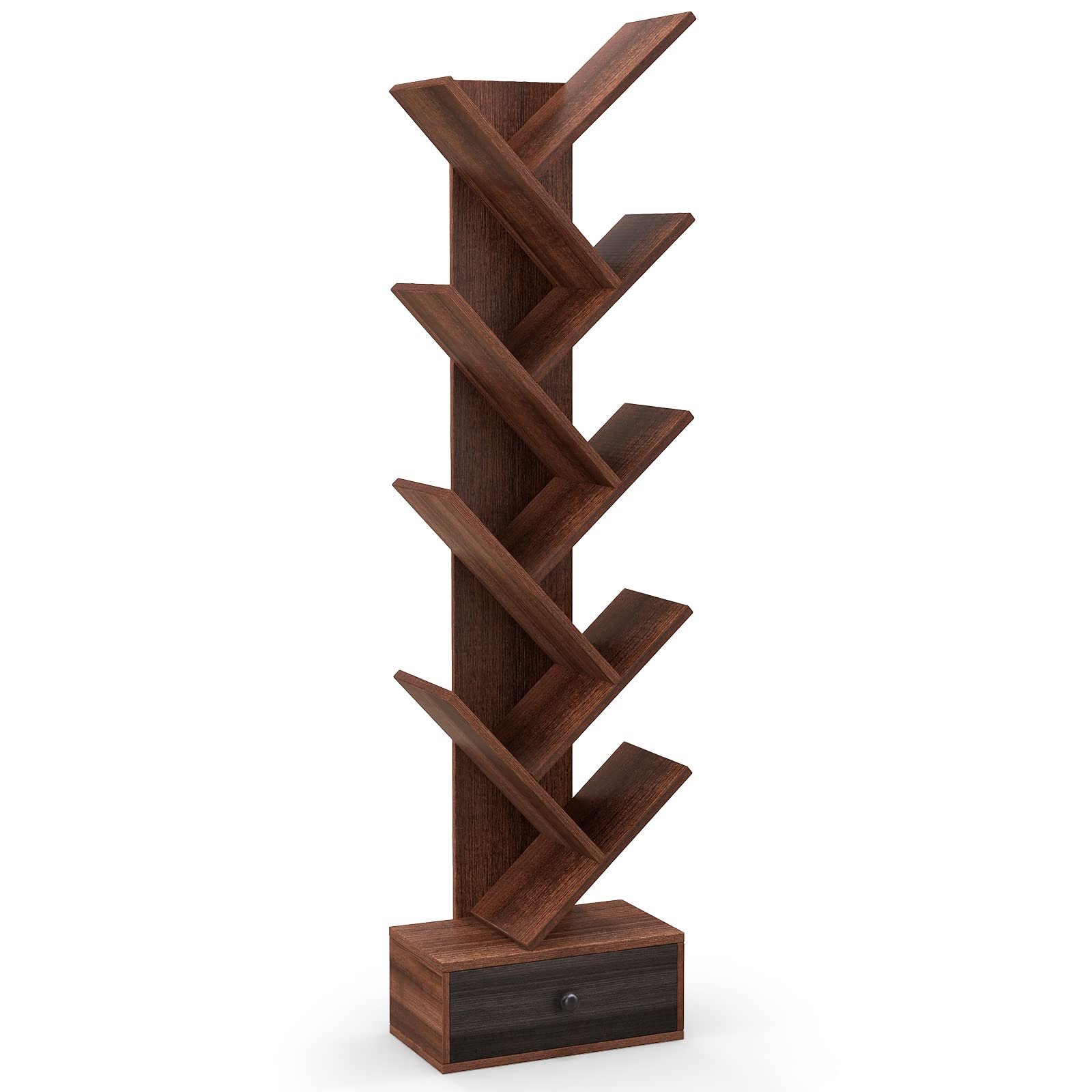10-Tier Tree Bookshelf with Drawer - 59" Freestanding Space Saving Wooden Bookcase