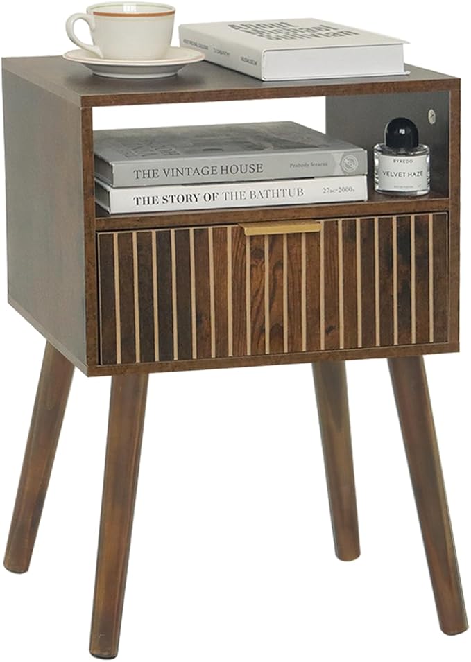 Nightstand with Charging Station, Wood Bedside Table with Drawer, Modern End Table for