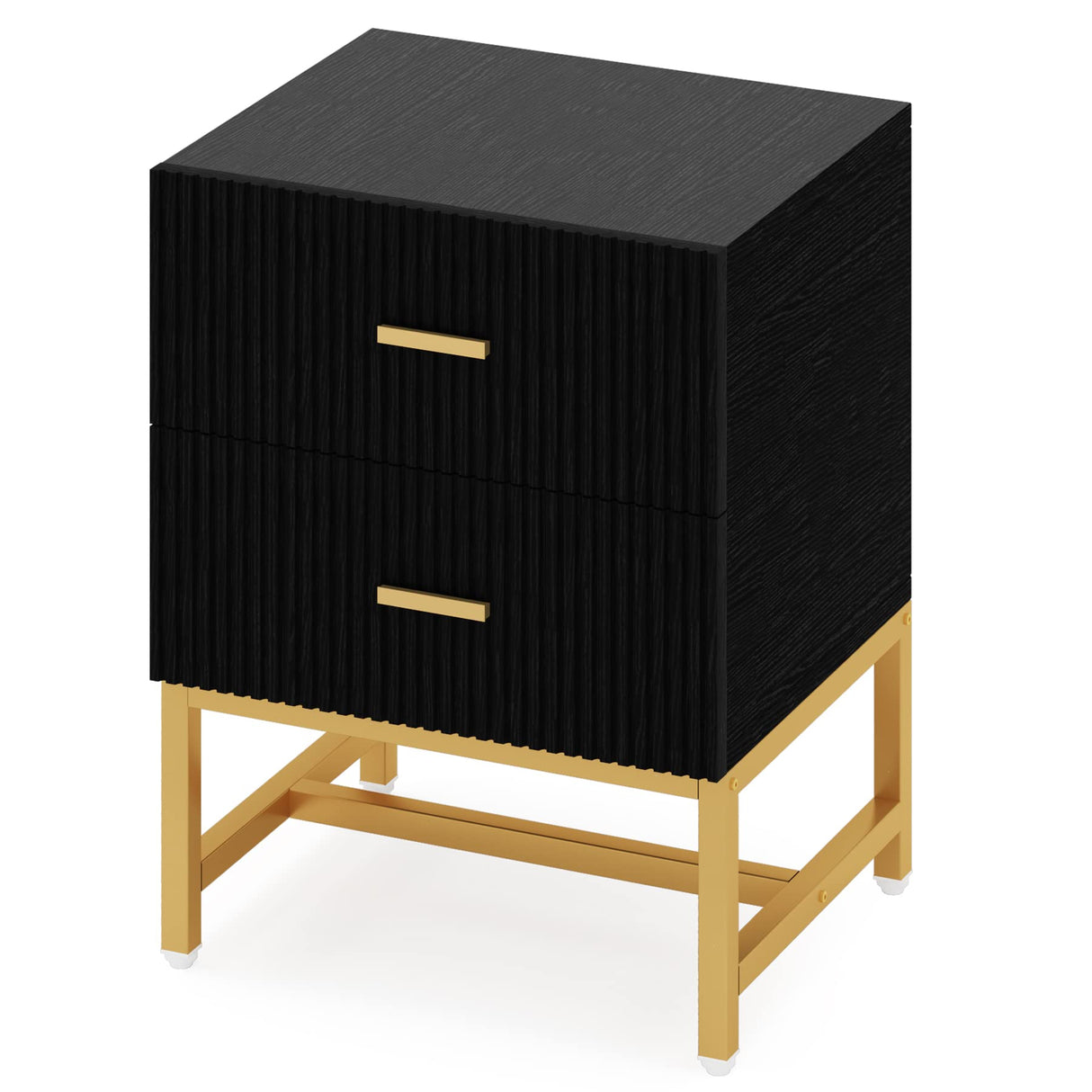 Modern Nightstand with 2 Big Striped Drawers, Tall Bed Side Table Wood Metal End Table