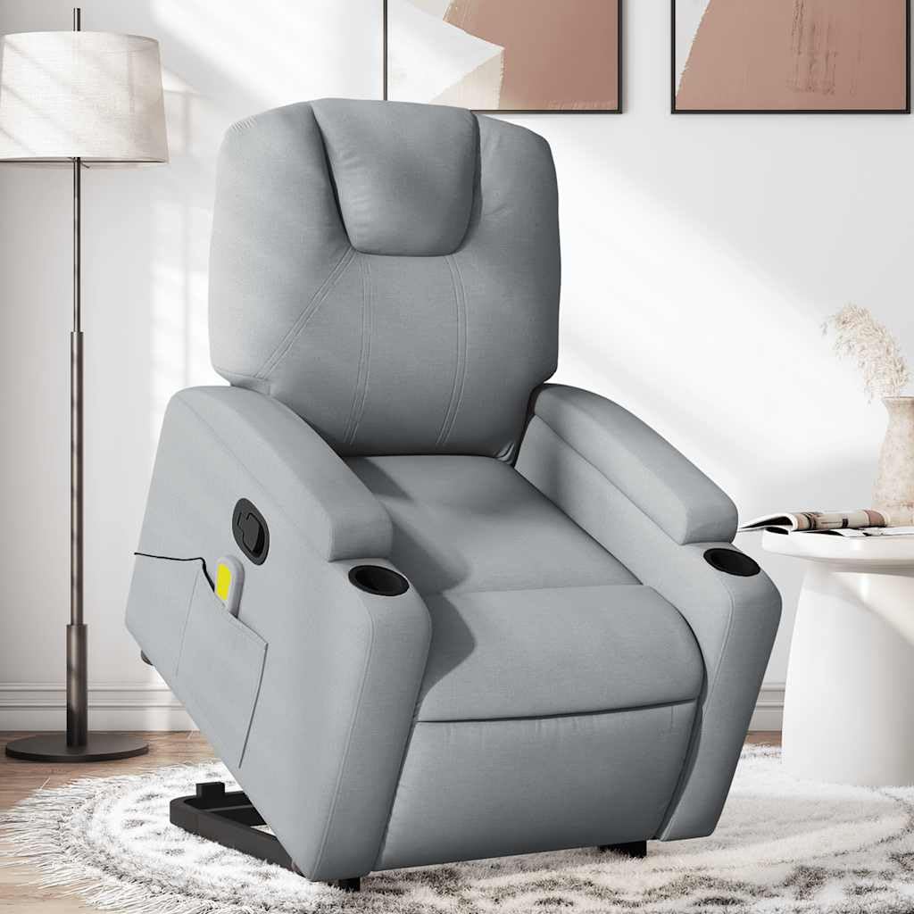 Fabric Stand Up Massage Recliner Chair - Power Lift, Manual Recline, Vibration Massage, Cup Holders, Light Gray