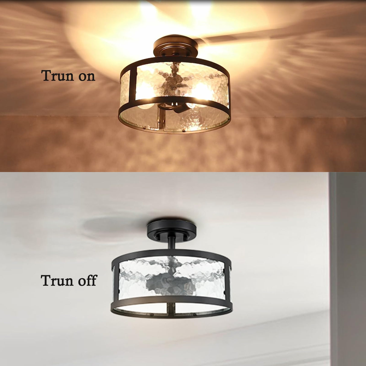 Farmhouse Semi Flush Mount Ceiling Light Black Light Fixtures Ceiling Mount 2-Light with Hammered Glass for Bedroom Kitchen Bathroom Entryway Proch