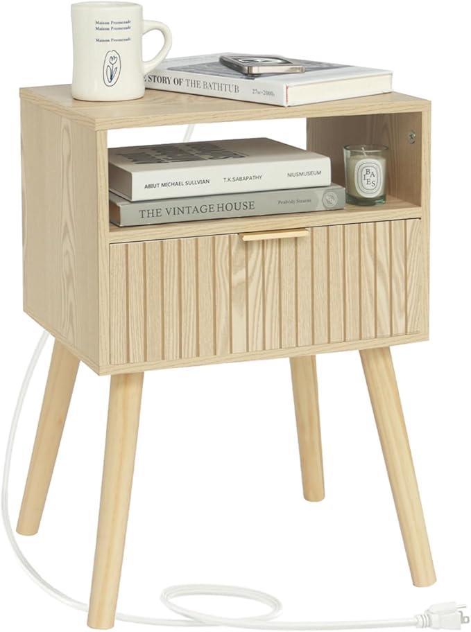 Nightstand with Charging Station, Wood Bedside Table with Drawer, Modern End Table for