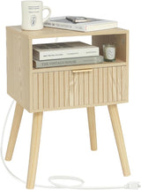 Nightstand with Charging Station, Wood Bedside Table with Drawer, Modern End Table for