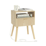 Nightstand with Charging Station, Wood Bedside Table with Drawer, Modern End Table for