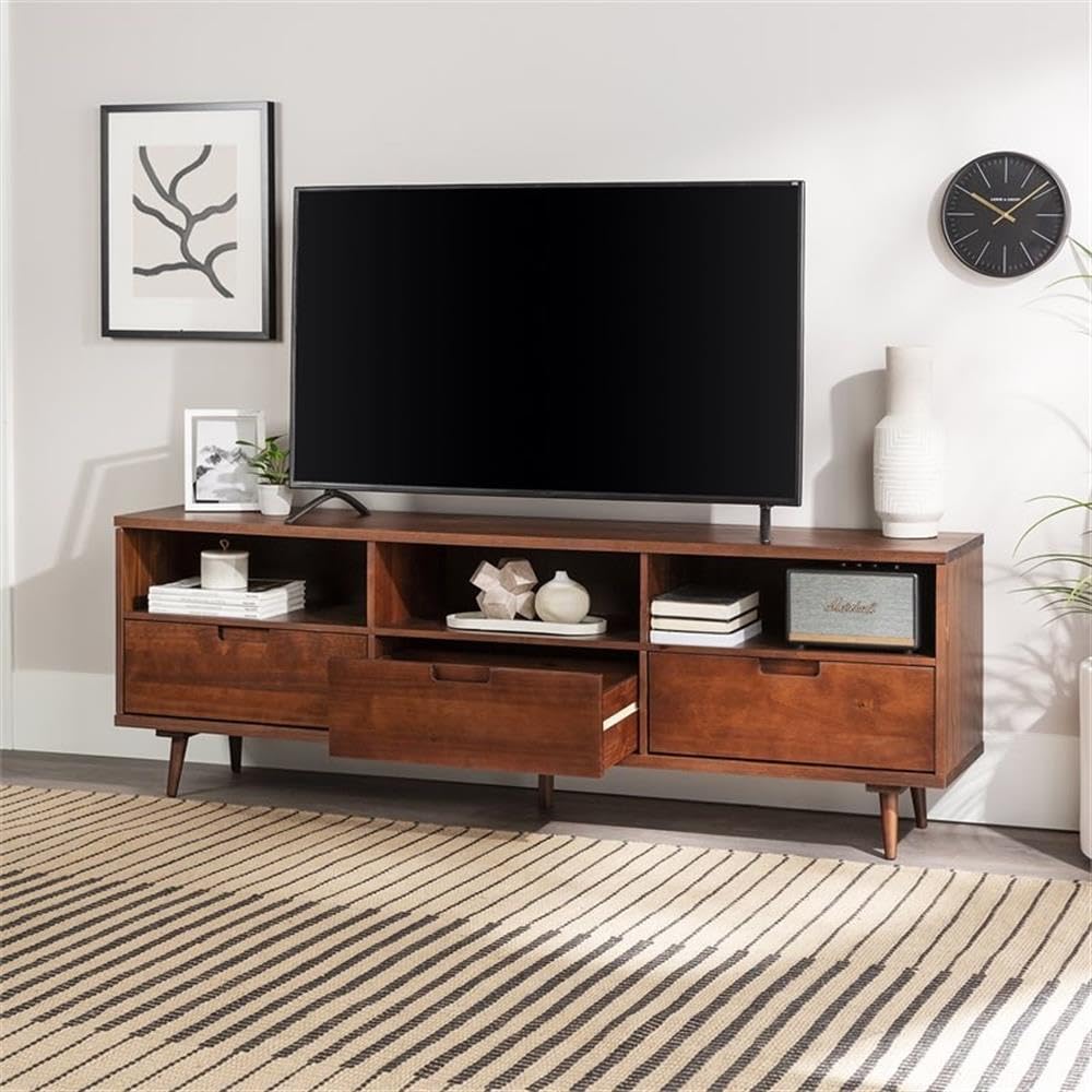 Walker Edison Millie Mid Century Modern 3 Drawer Solid Wood Low Stand for TVs up to 80 Inches, 70 Inch, Walnut