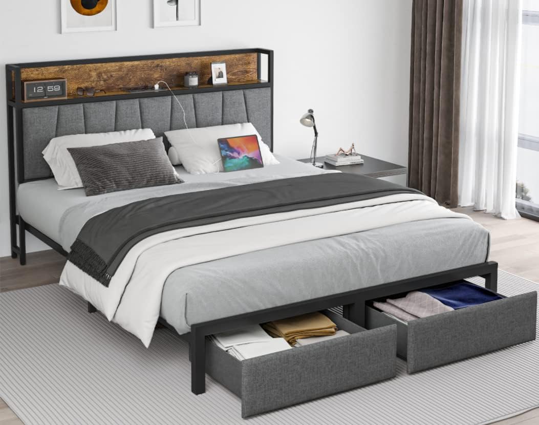 Queen Size Bed Frame with Headboard and Storage, Drawers Platform Bed Frame