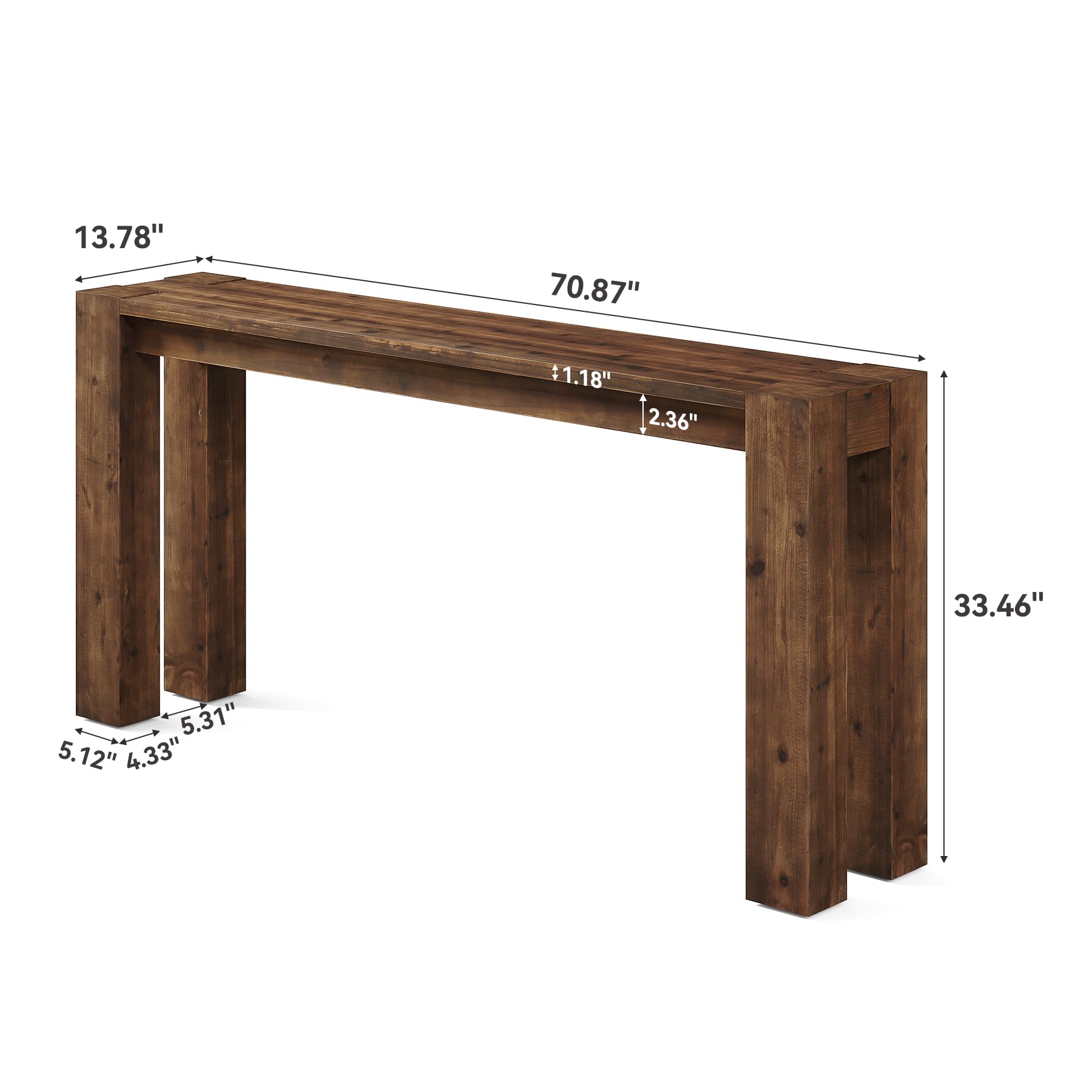 70.9-Inch Solid Wood Console Table - Rustic Brown Farmhouse Entryway Table