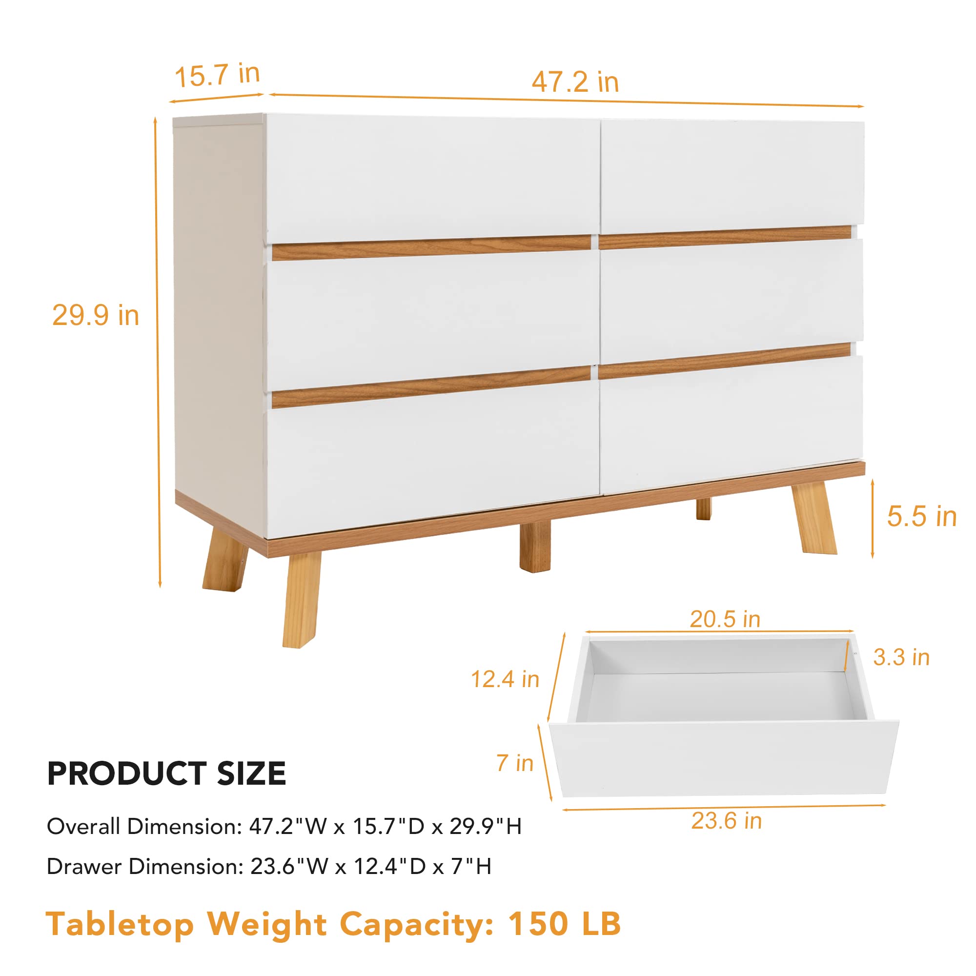 White 6 Drawer Dresser for Bedroom, Modern Wooden Storage Organizer