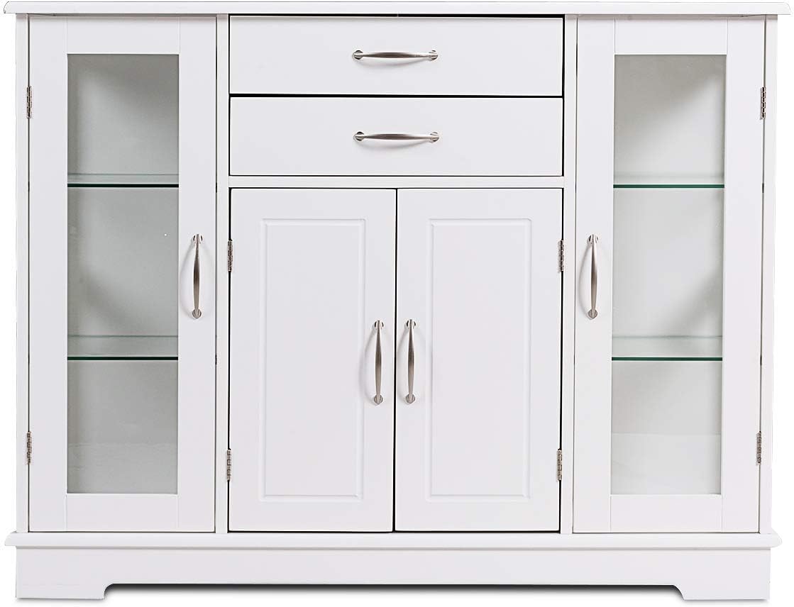 Sideboard Buffet Server Storage Cabinet W/ 2 Drawers, 3 Cabinets and Glass Doors