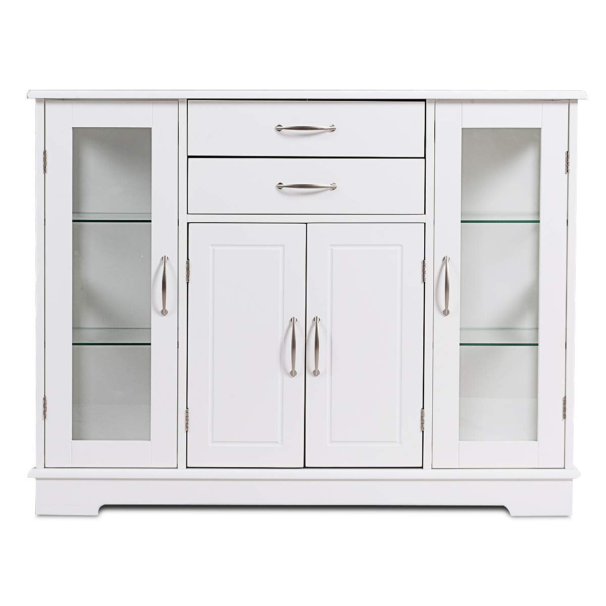 Sideboard Buffet Server Storage Cabinet W/ 2 Drawers, 3 Cabinets and Glass Doors