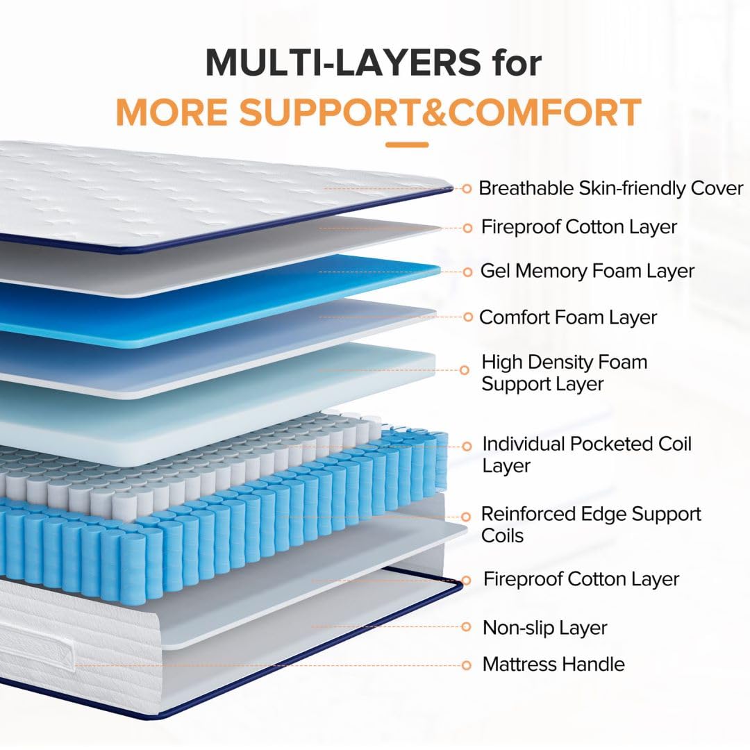 Queen Mattress, 12 Inch Medium Firm Hybrid Queen Mattress with Individual Pocketed Springs& Cool Gel Memory Foam,