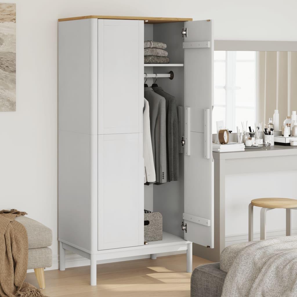 Wardrobe FLORO - Solid Pine Wood, White Finish, 30.3"x20.9"x67.3"