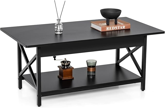 Industrial Coffee Table, 2-Tier Wood Cocktail Tea Table with Storage Shelf