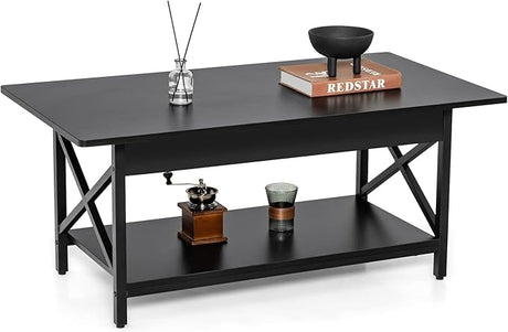 Industrial Coffee Table, 2-Tier Wood Cocktail Tea Table with Storage Shelf