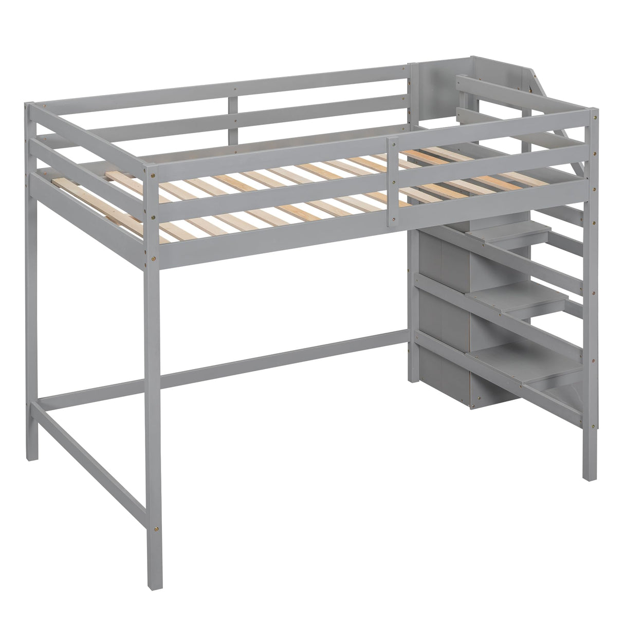 Full Loft Bed, Loft Bed Full Size with Storage Staircase and Wardrobe for Clothes, Wooden High Loft Bed Frame for Kids Girls Boys Bedroom, Grey