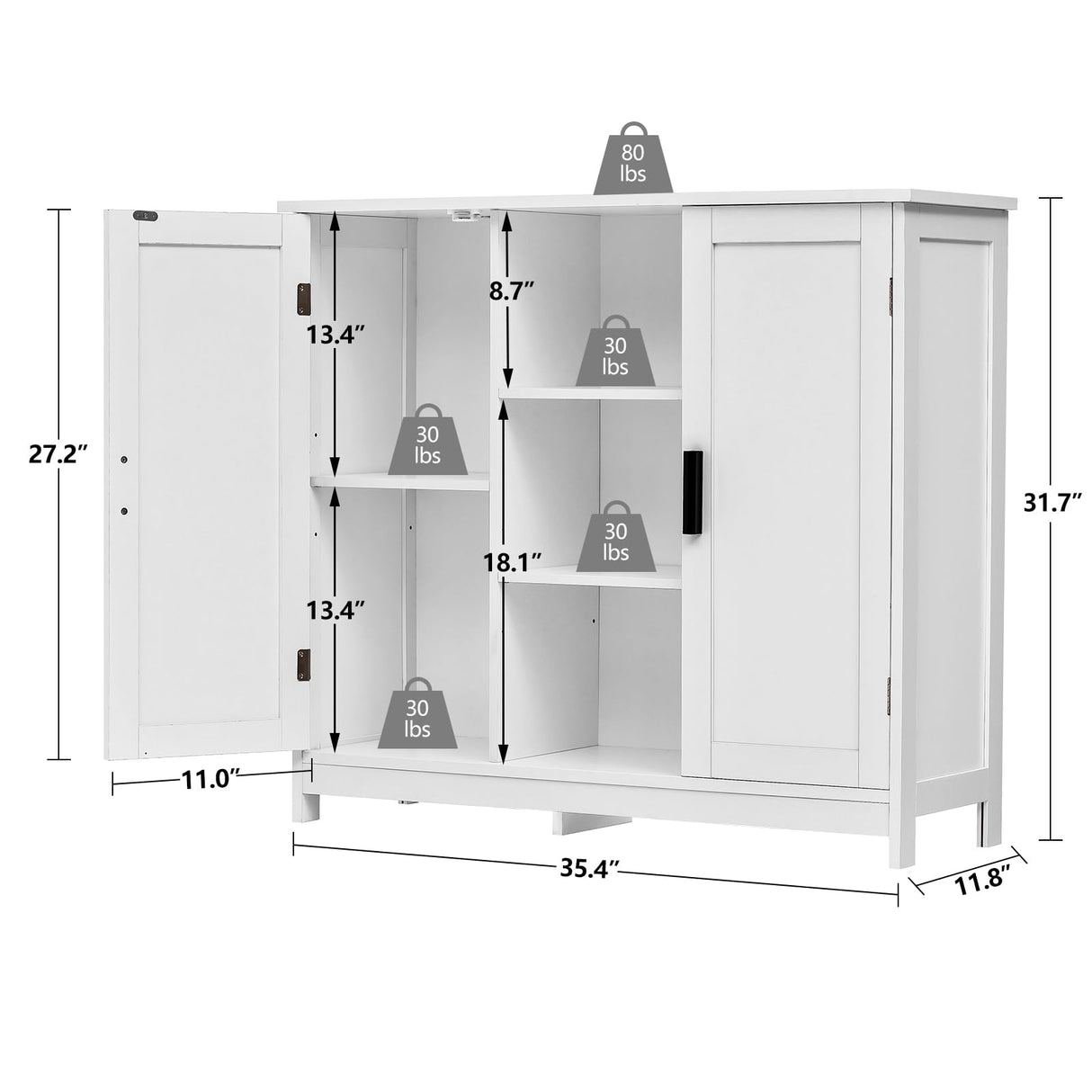 Storage Cabinet with 2 Doors and 4 Storage Shelves, Credenza Buffet Cabinet