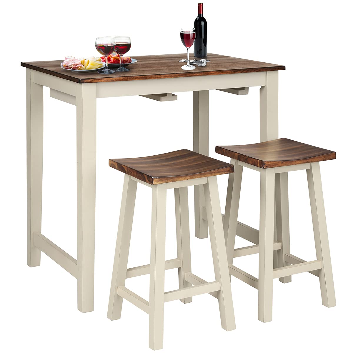 FFlyer Bar Table Set, 3 Piece Counter Height Breakfast Table with 2 Saddle Bar Stools