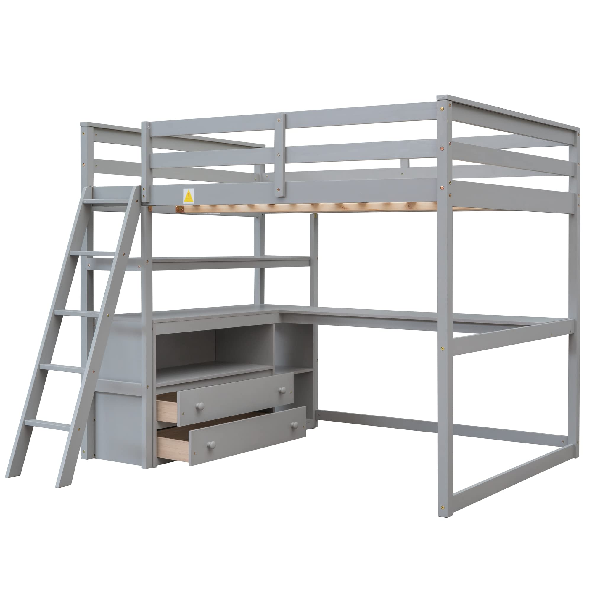 Full Size Loft Bed with Desk Wood Loft Bed Frame with Shelves, and 2 Built-in Drawers