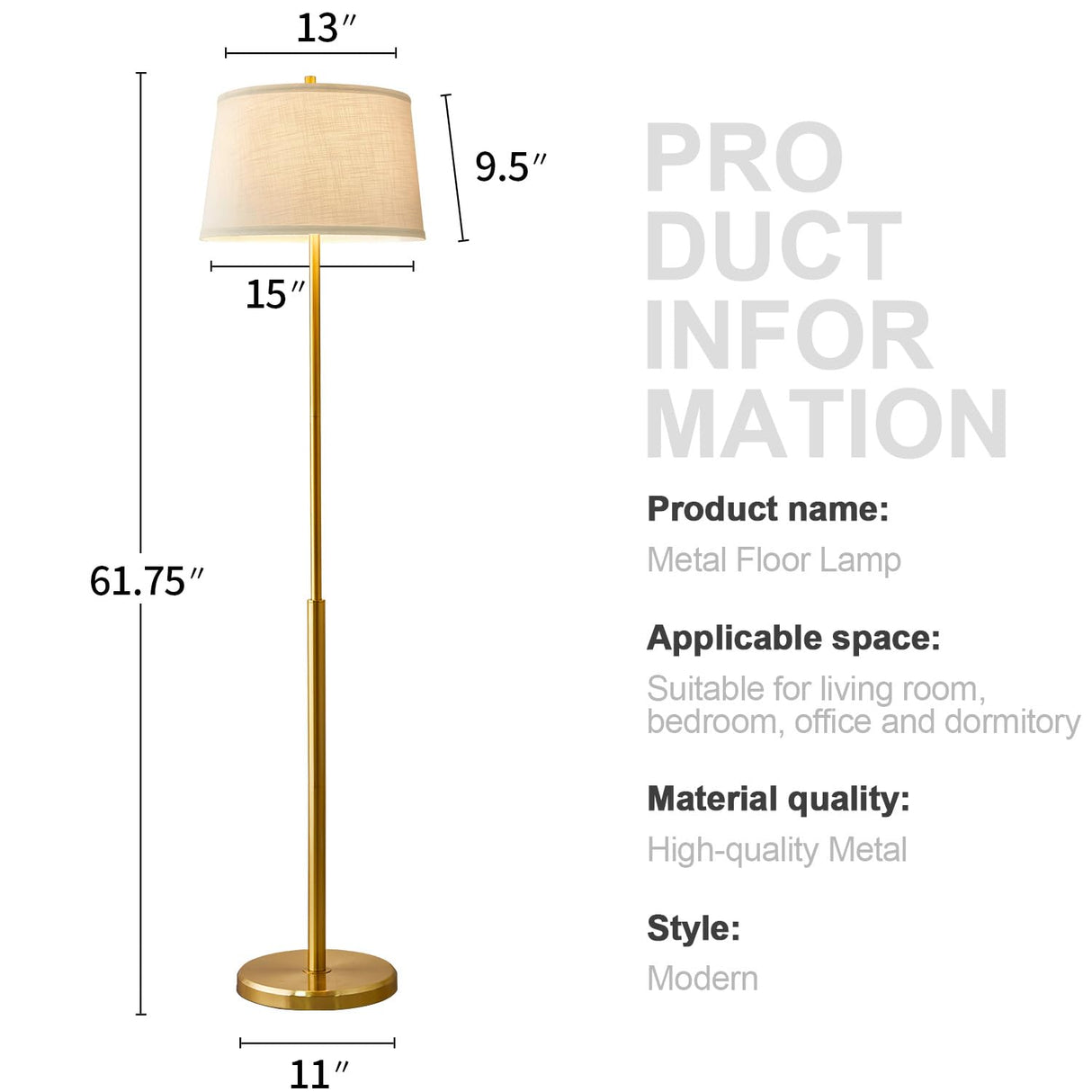 61.75" Modern Floor Lamp for Living Room Tall Lamp for Bedroom Gold Floor Lamp