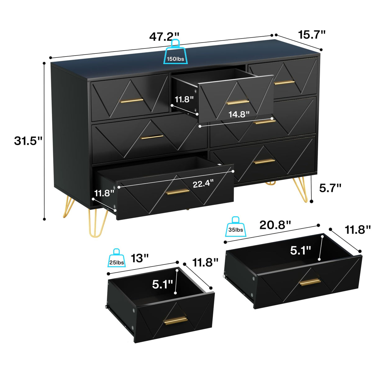 Dresser for Bedroom, 7 Drawer Dresser, Black Dresser with Gold Handles