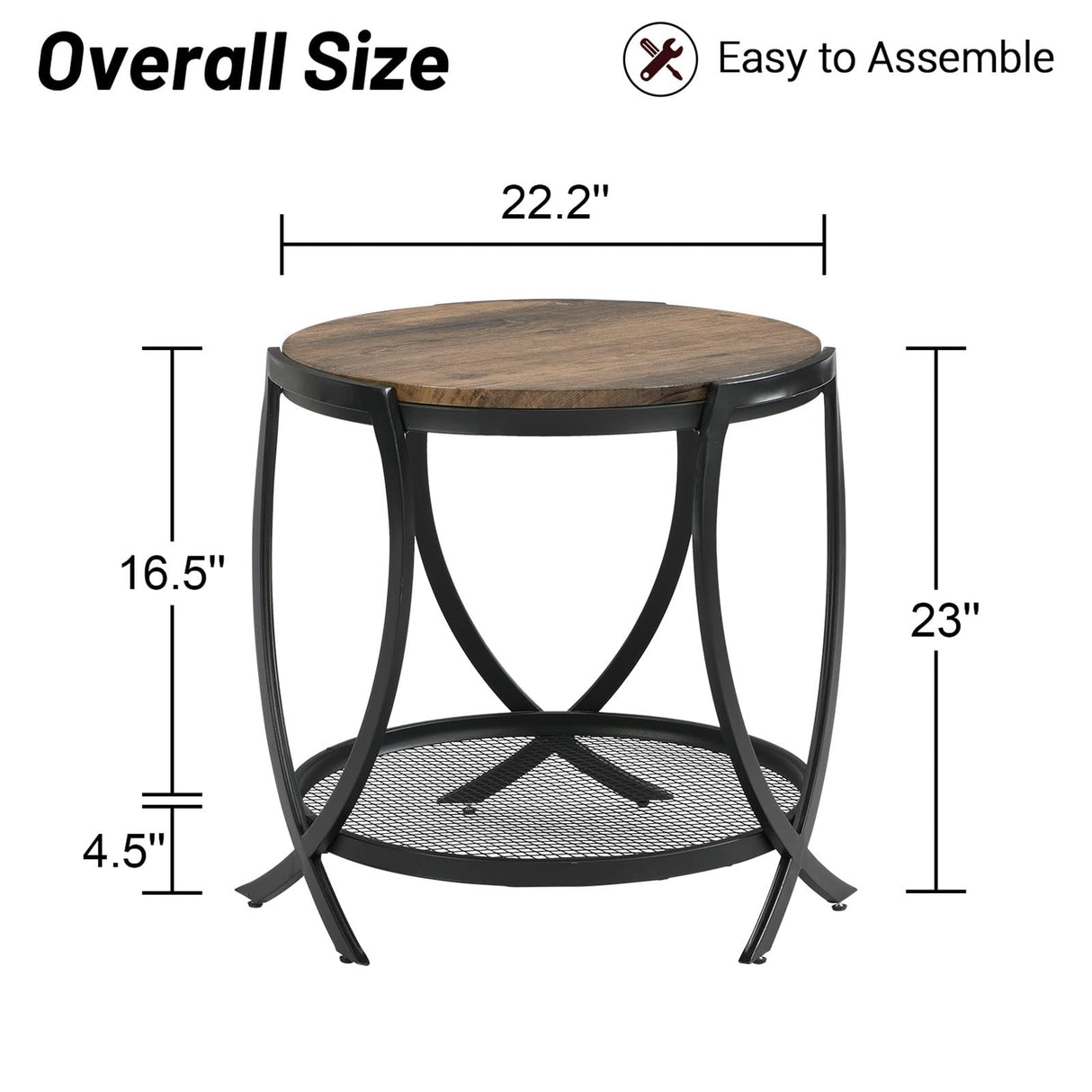 Industrial Round End Table with Storage Shelf, 2-Tier Side Table for Living Room