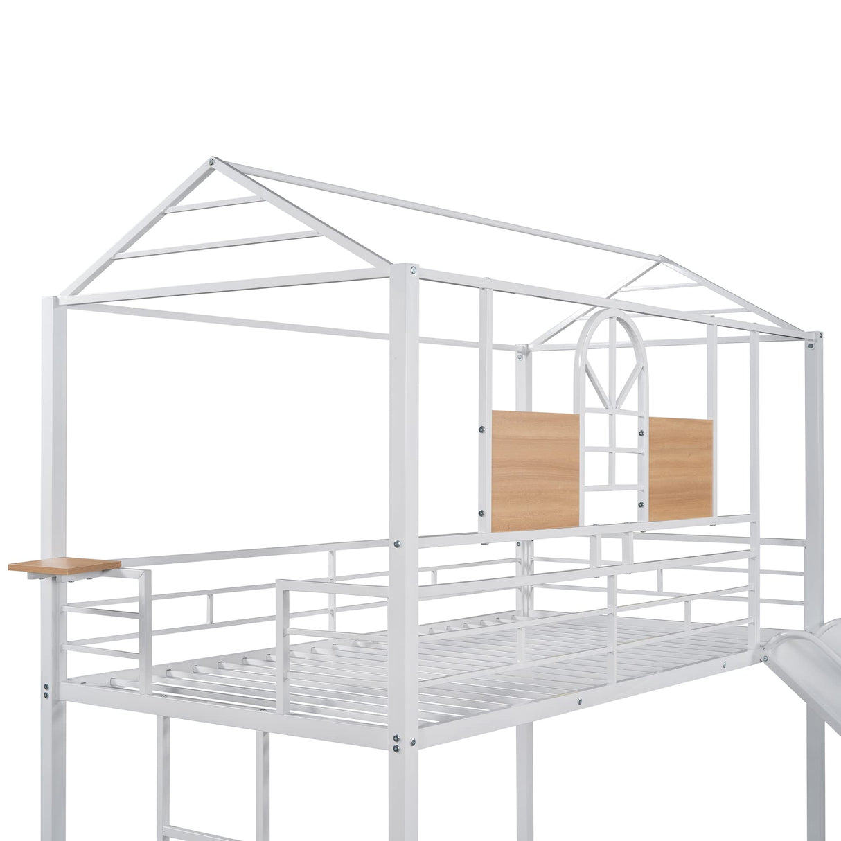 Size Metal Bunk Bed Frame with Roof Design and Bedside Storage Shelf, Metal House