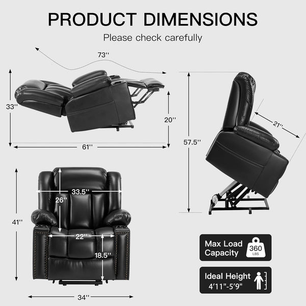 Cfvyne Dual Motor Power Lift Chair Recliner for Elderly with Heat and Massage, Infinite Position Lay Flat Lift Chairs Recliners for Seniors, USB Ports, Cup Holder, Black