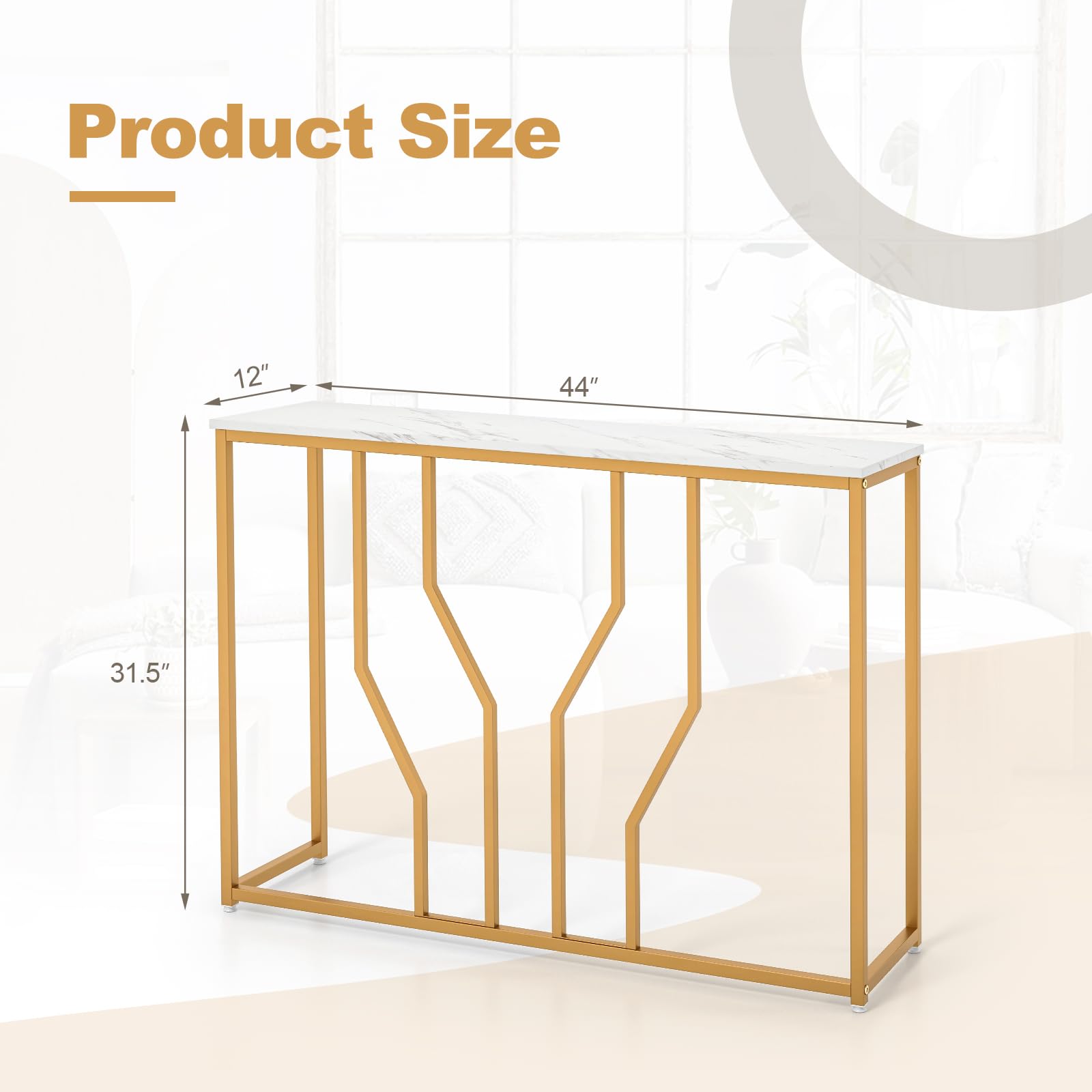 Gold Console Table, 44” Modern Narrow Entryway Table with Faux Marble Tabletop