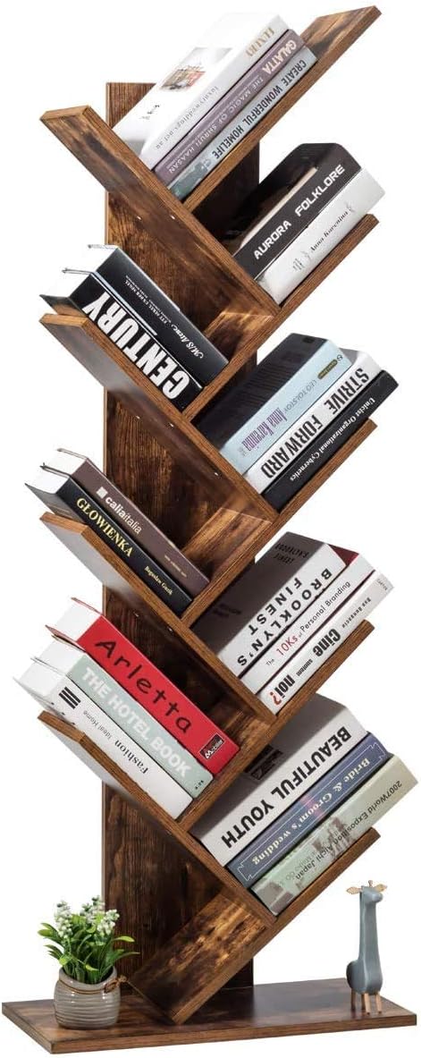 Tree Bookshelf, 9-Shelf Floor Standing Bookcase, Space Saving CDs/Albums/Books Holder for Living Room, Home Office, Book Organizer w/Anti-toppling Device (Rustic Brown)