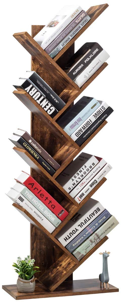 Tree Bookshelf, 9-Shelf Floor Standing Bookcase, Space Saving CDs/Albums/Books Holder for Living Room, Home Office, Book Organizer w/Anti-toppling Device (Rustic Brown)