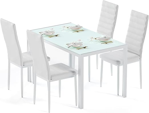 5-Piece Tempered Glass Dining Table Set for 4 - Modern Black Kitchen Table with Chairs