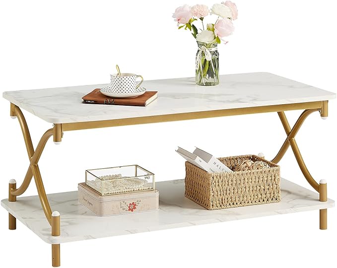 White and Gold Coffee Table with Storage and Open Shelves for Living Dining