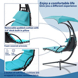 Outdoor Hanging Curved Steel Chaise Lounge Chair Swing w/Built-in Pillow and Removable Canopy, Hanging Curved Chaise Lounge Chair Swing for Patio Porch Poolside, Hammock Chair with Stand (Blue)