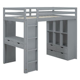 Full-Size Loft Bed with Built-in Desk and LED Light for Kids Teens