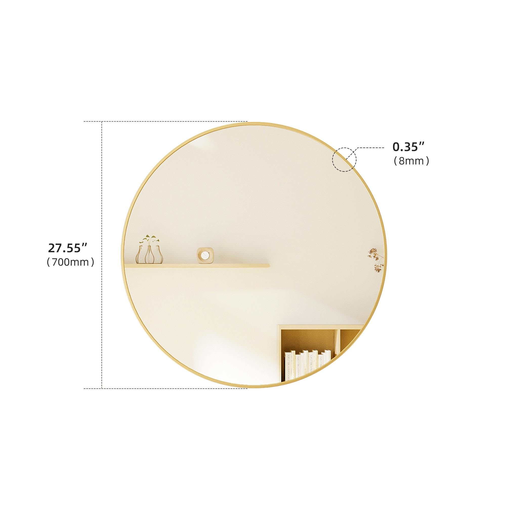 28" Wall Circle Mirror for Bathroom, Gold Round Mirror for Wall, Hanging Round Mirror