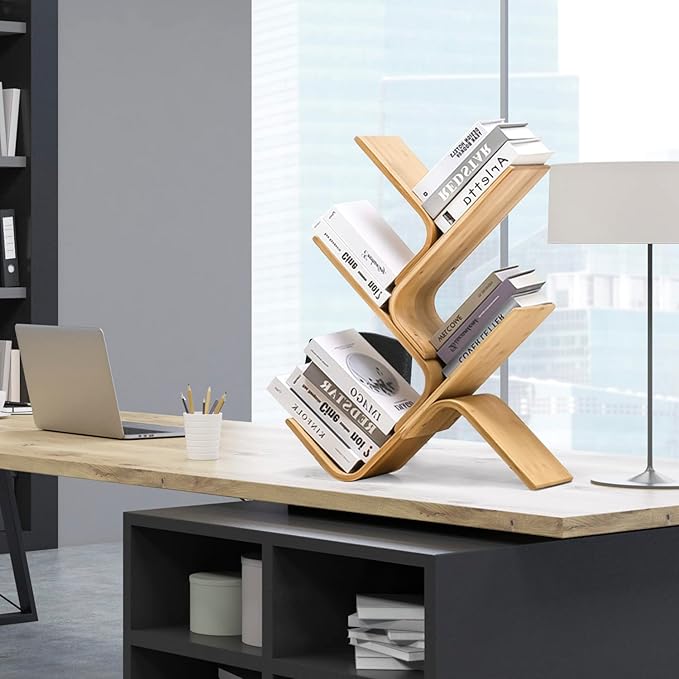 8-Tier Floor Bamboo Tree Bookshelf, Modern Standing Bookcase Office Book Storage