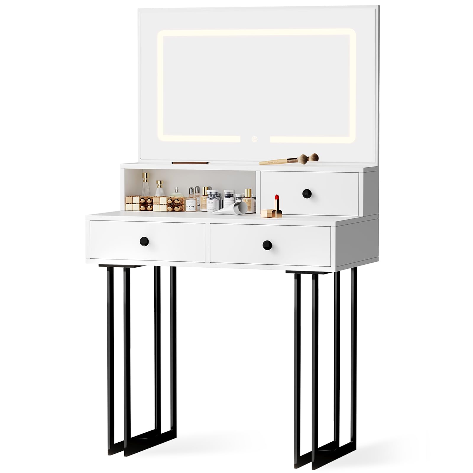 White Vanity Desk with Mirror, Metal Vanitys with 3 Drawers