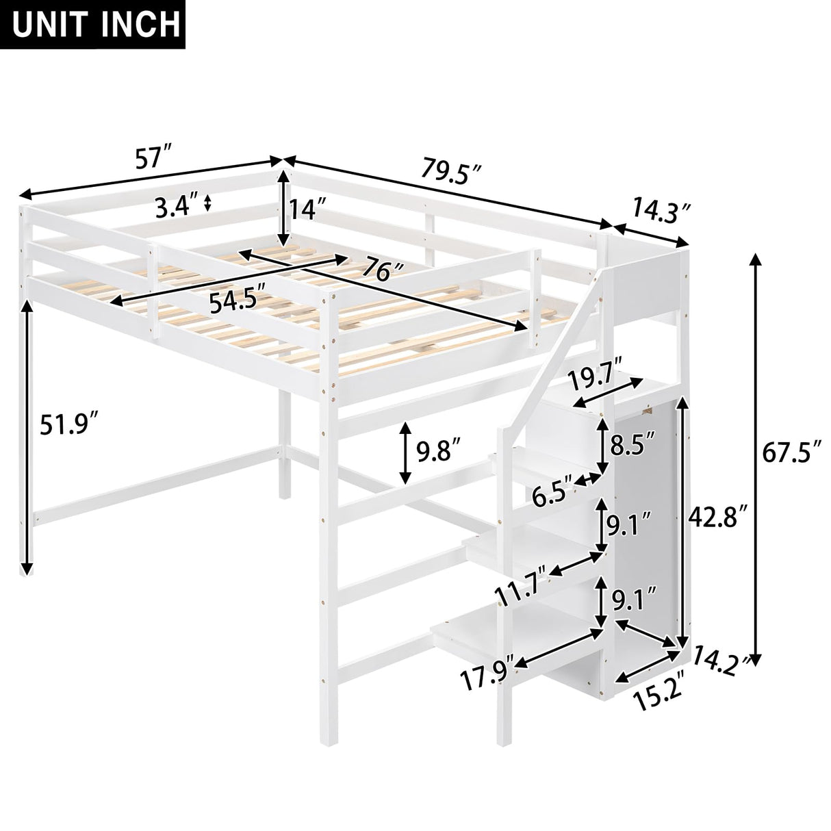 Full Loft Bed, Loft Bed Full Size with Storage Staircase and Wardrobe for Clothes, Wooden