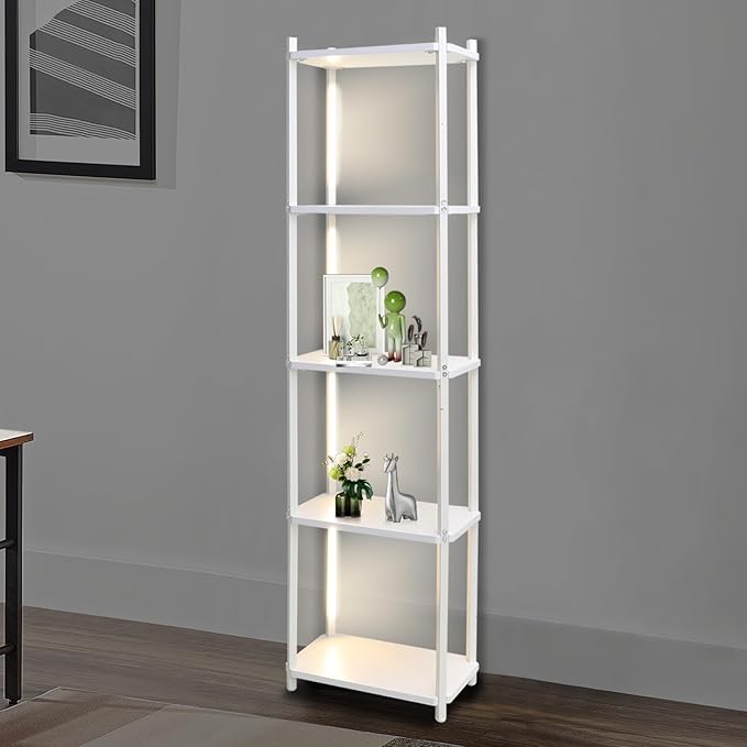 5-Tier Corner Shelf with Light, White Corner Bookshelf with Metal Frame, Tall Display Shelf Stand for Living Room Bedroom Office Decor