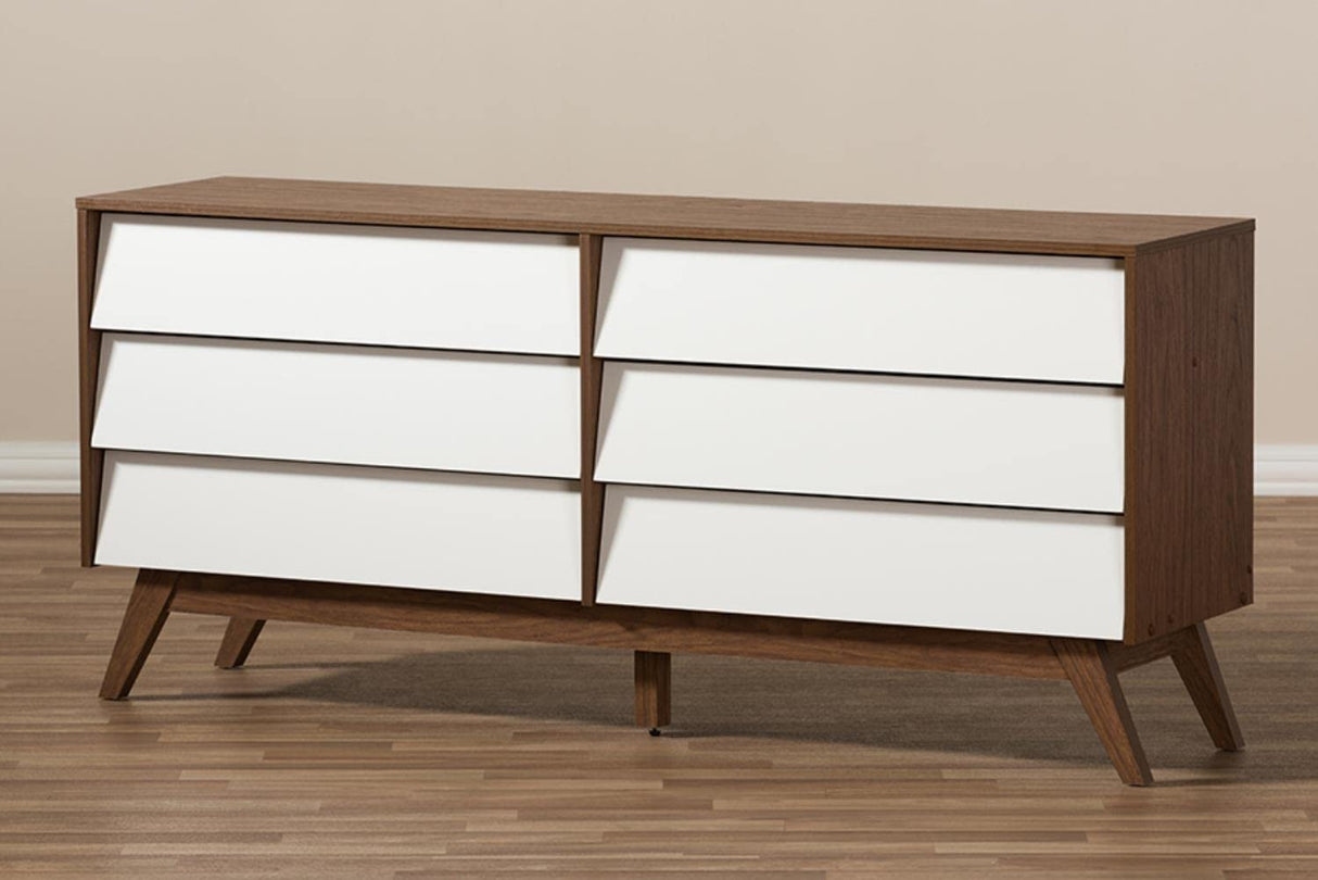 Studio Hildon Modern 6-Drawer Storage Dresser Mid-Century/Particle Board/MDF with PU Paper/White/Walnut Brown