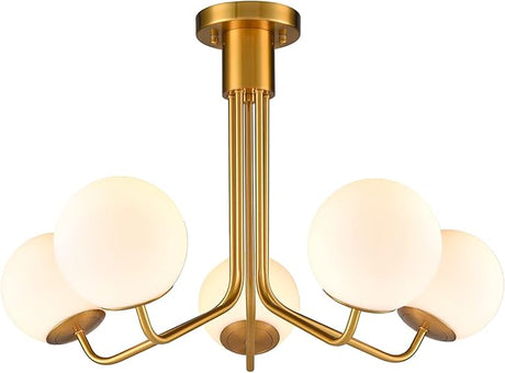 Modern Gold Semi Flush Mount Ceiling Light with White Glass Shade 7-Light Mid Century