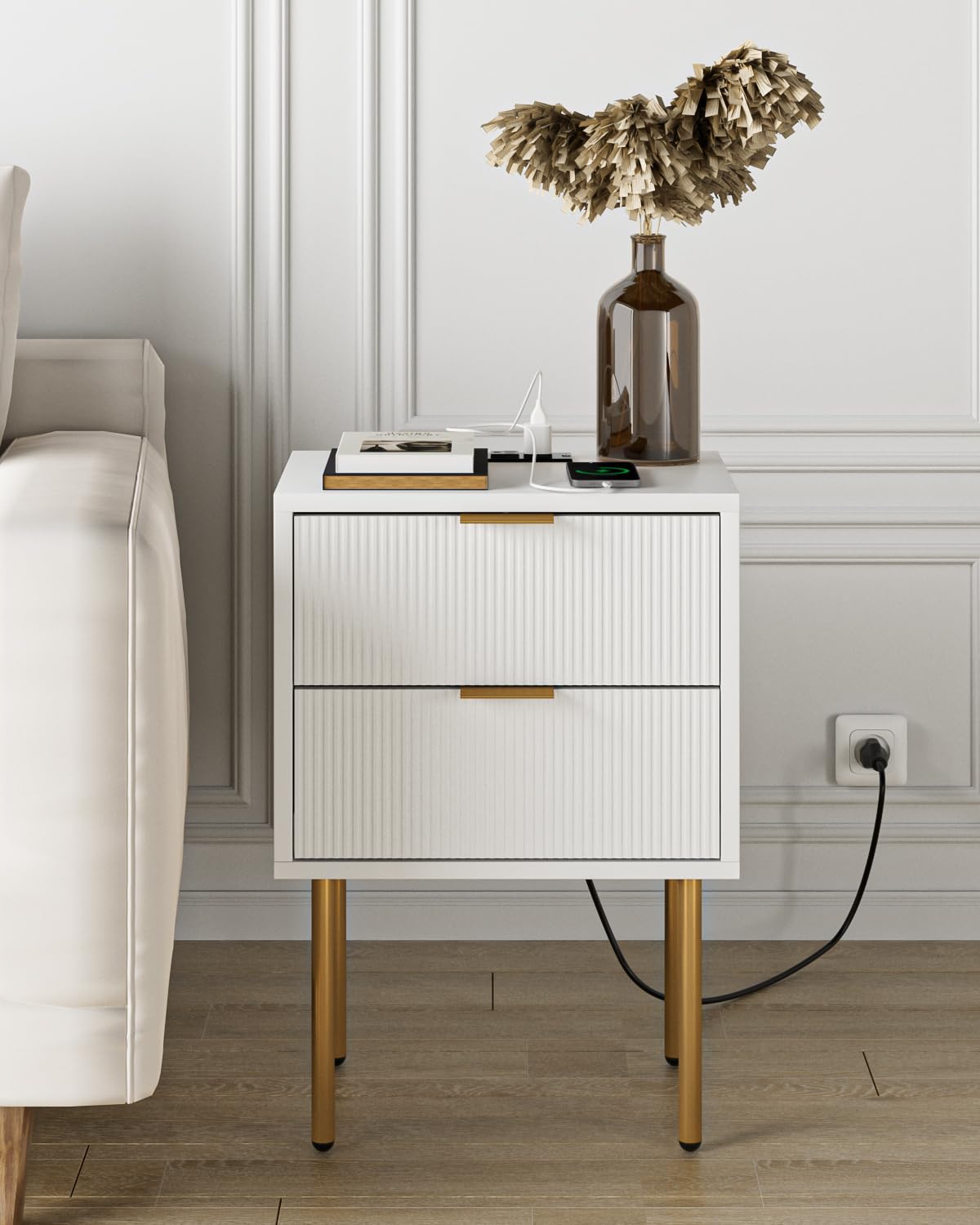 Nightstand with Charging Station, Mid-Century Modern Bedside Table with 2 Storage