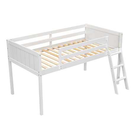 Twin Low Loft Bed, Twin Size Loft Bed with Ladder & Safety Guardrails, Wood Junior Lof