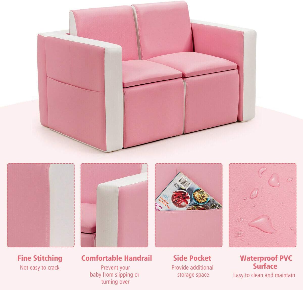 Couch, 2 in 1 Double Seat Children's Sofa Convert to Table and Two Chairs for School, Storage Space, PVC Surface, Large Soft Kids Preschool Sofa Couch for Boys Girls Gifts (Pink)