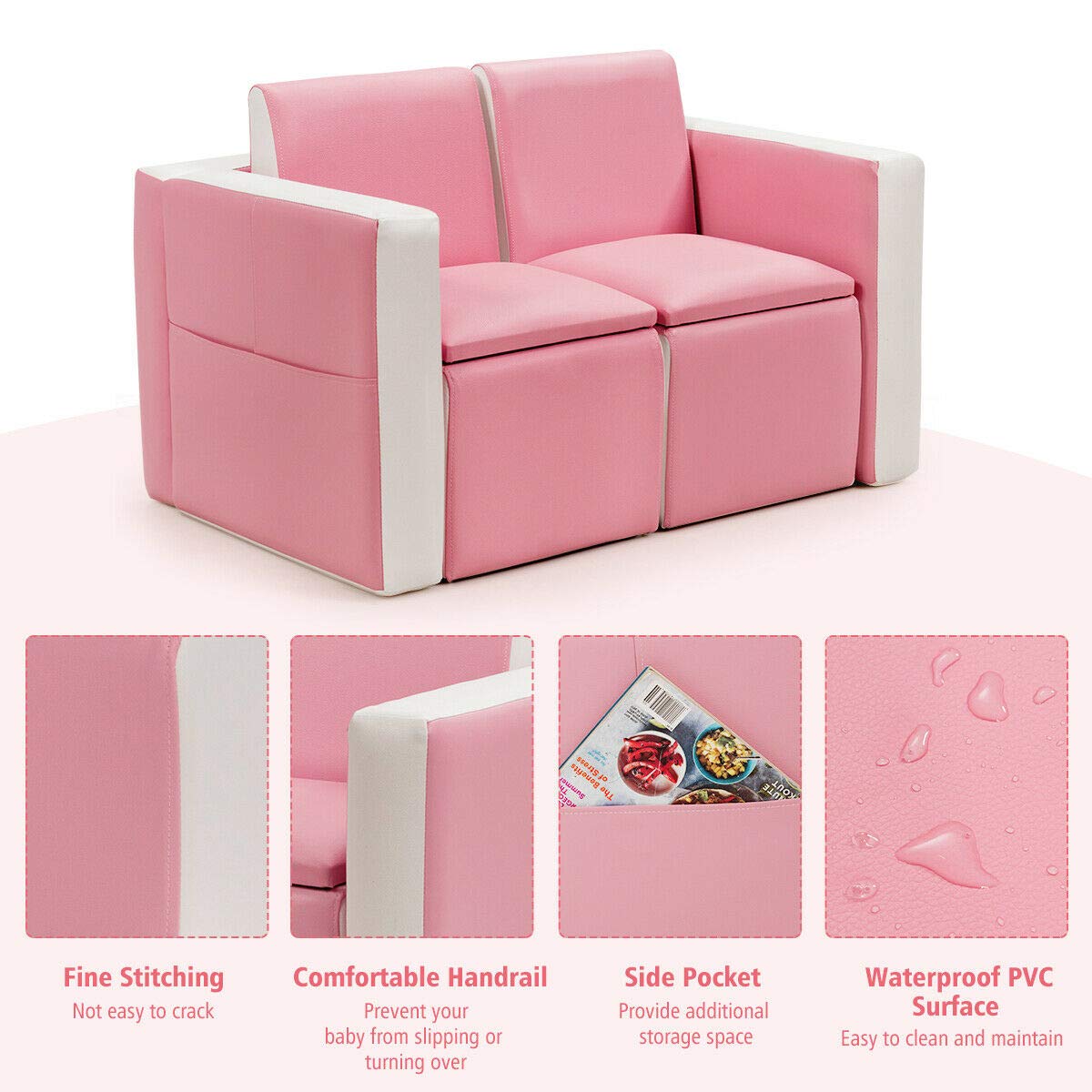 Couch, 2 in 1 Double Seat Children's Sofa Convert to Table and Two Chairs for School, Storage Space, PVC Surface, Large Soft Kids Preschool Sofa Couch for Boys Girls Gifts (Pink)