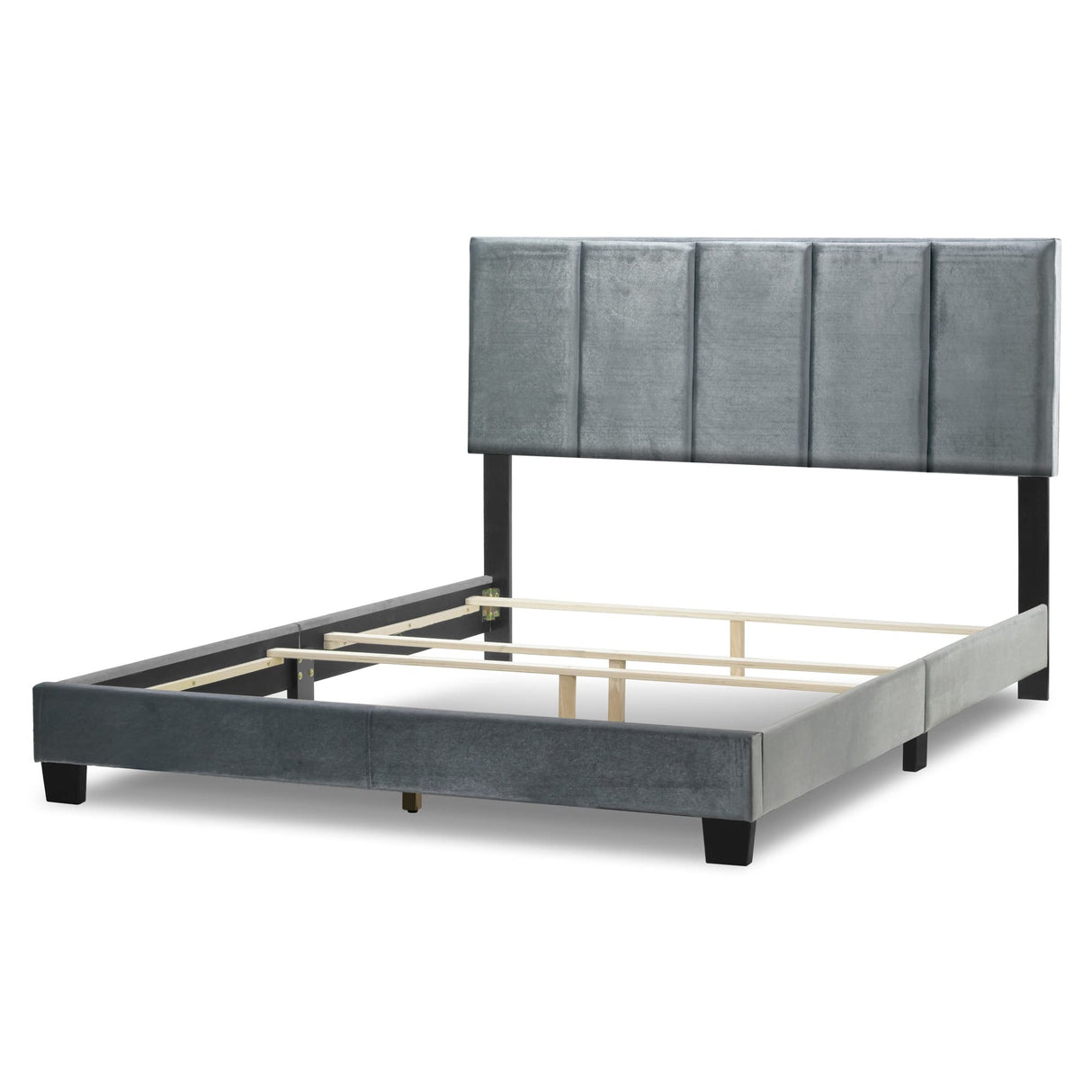 Silver Grey Velvet Queen Bed with Line Stitch Tufting