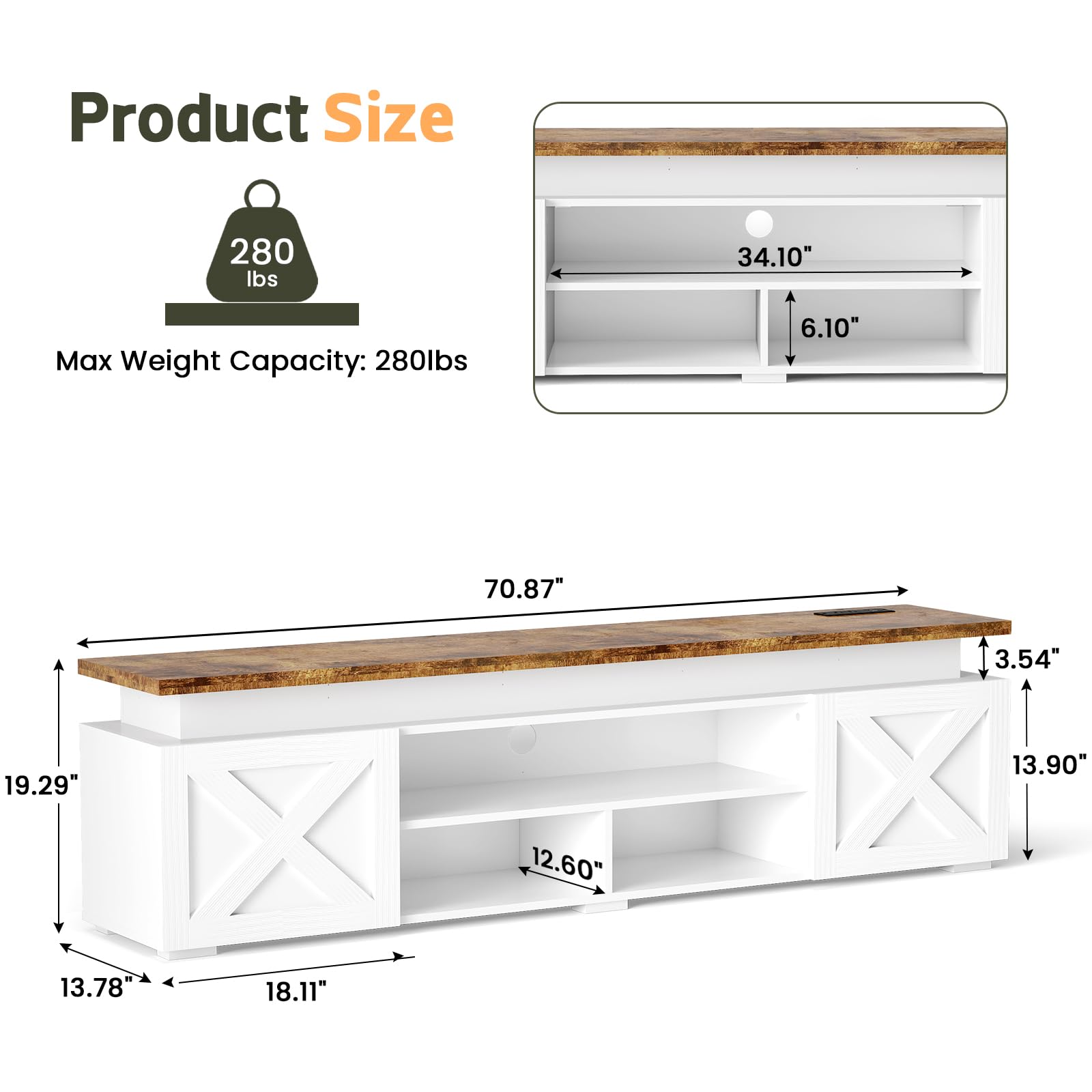 Farmhouse TV Stand for 80 Inch TV with RGB Lighting and Power Outlets